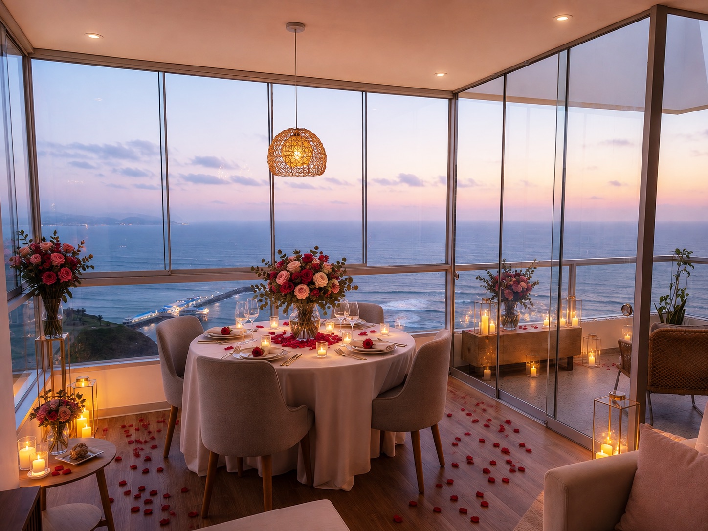 A table set with roses and candlelight against the wraparound ocean glass at sunset, rose petals across the floor