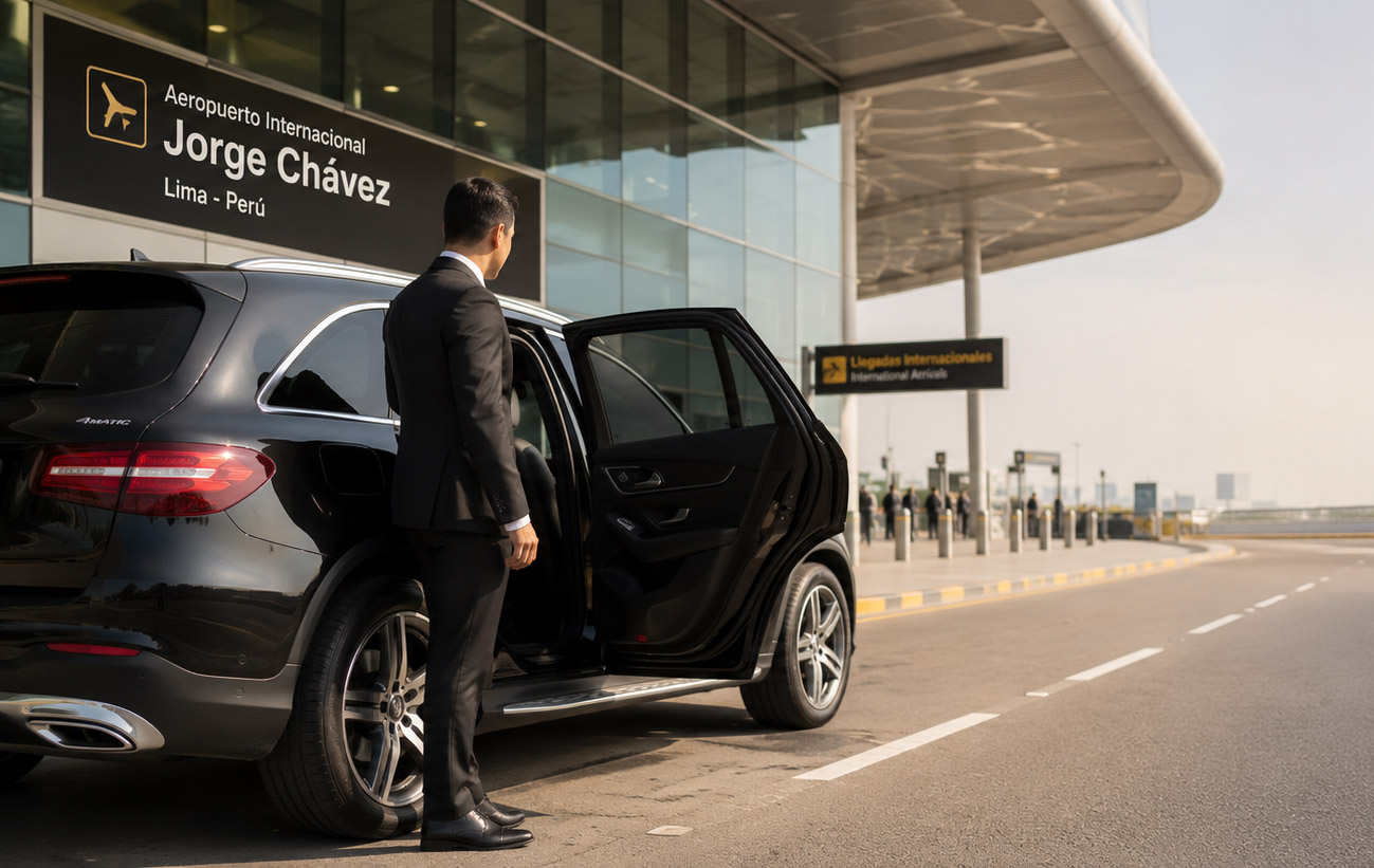 A private chauffeur in a suit holding the door of a black Mercedes SUV at the Jorge Chávez International Airport arrivals in Lima